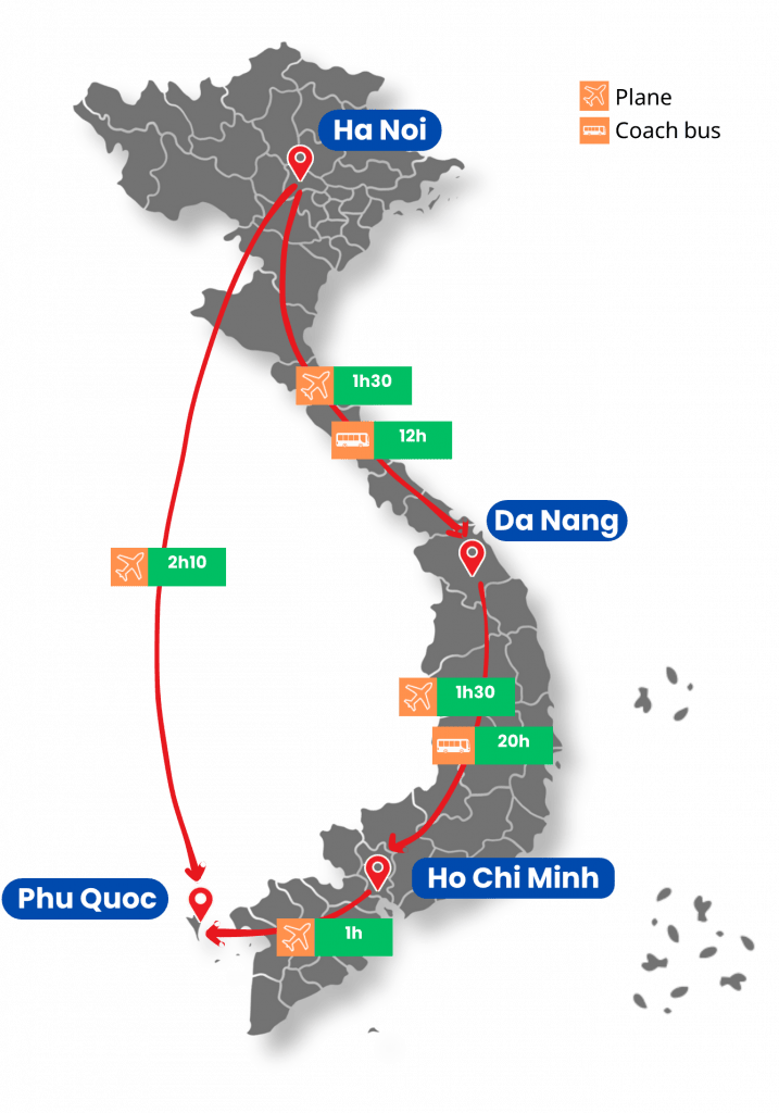 Indochina Travel Expert's expected Vietnam travel transportation, route, and time